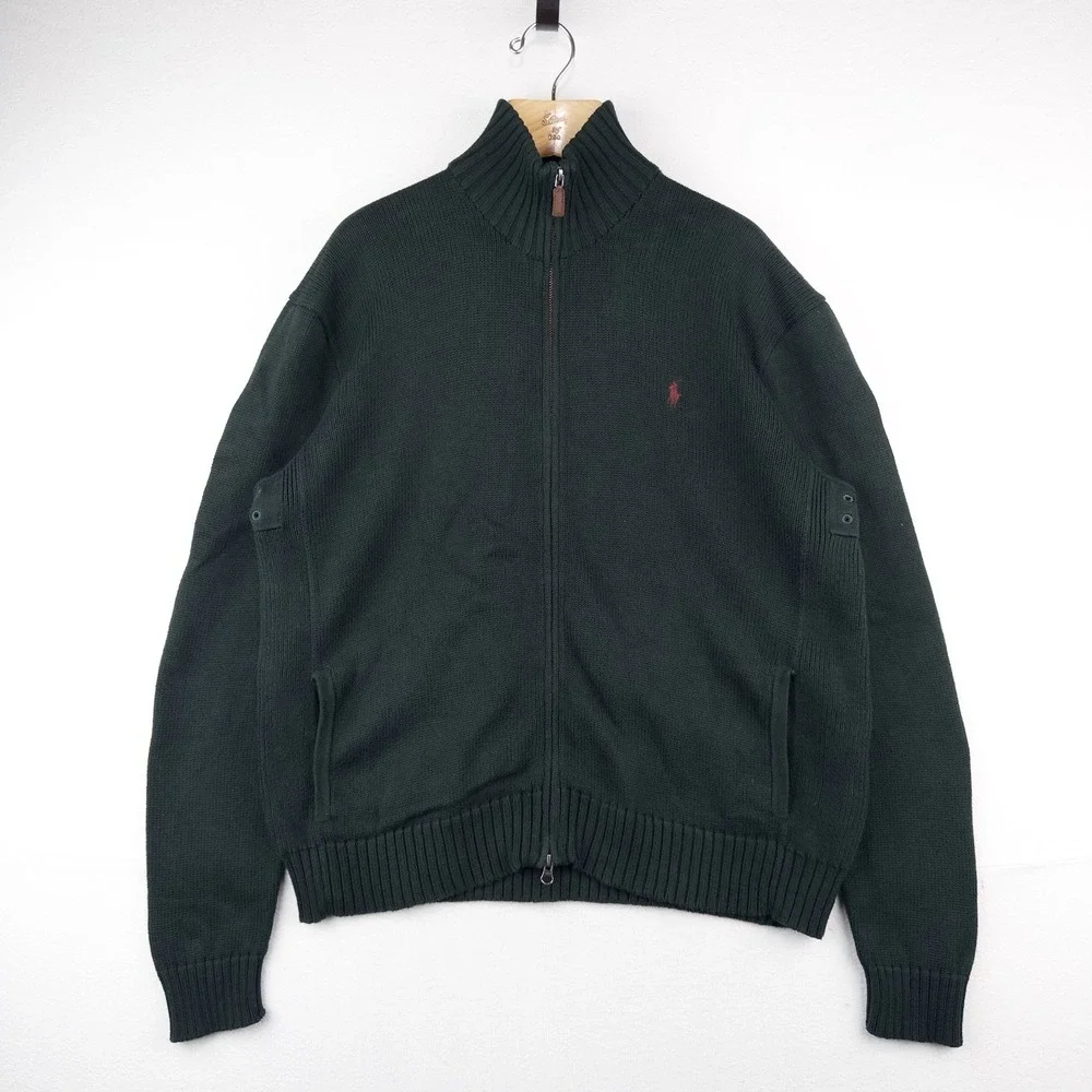 90's Vtg Polo Ralph Lauren Heavy Knit Zip Sweater Jacket Men's L Hunter Green